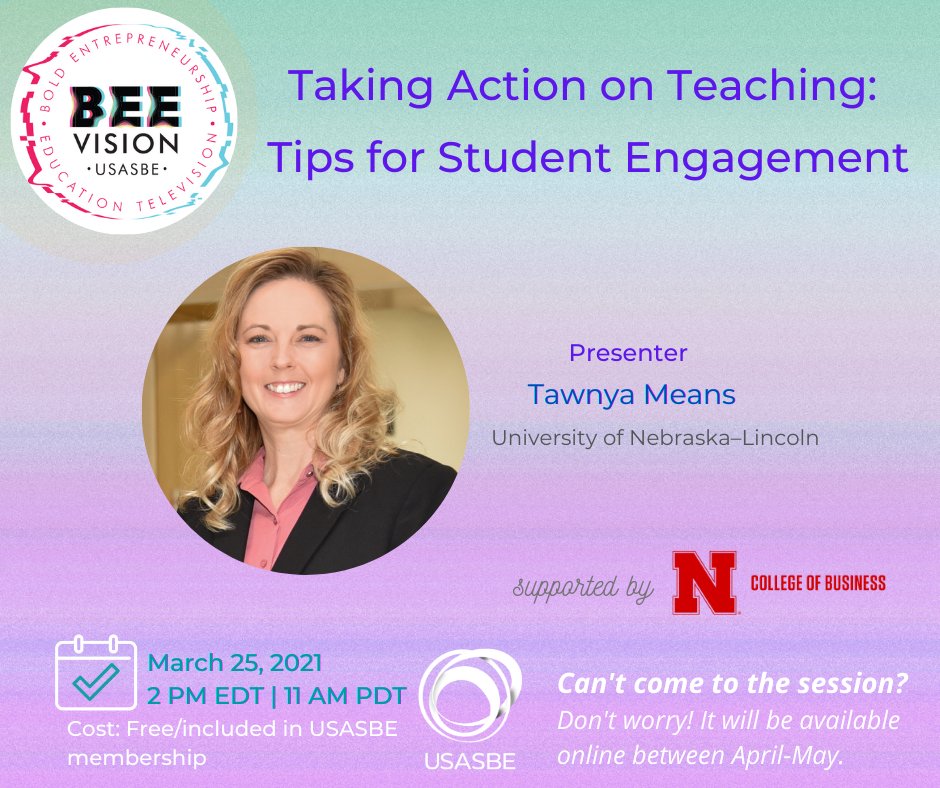 USASBE's tweet photo. Please join Tawnya Means, from University of Nebraska-Lincoln for the panel "Taking Action on Teaching: Tips for Student Engagement".

Here's a link to sign up: https://t.co/04Kut4sYjb 

#actionableinsights #studentengagement #takingaction #entrepreneurshipeducation #USASBE https://t.co/o6GsvjS2Dt