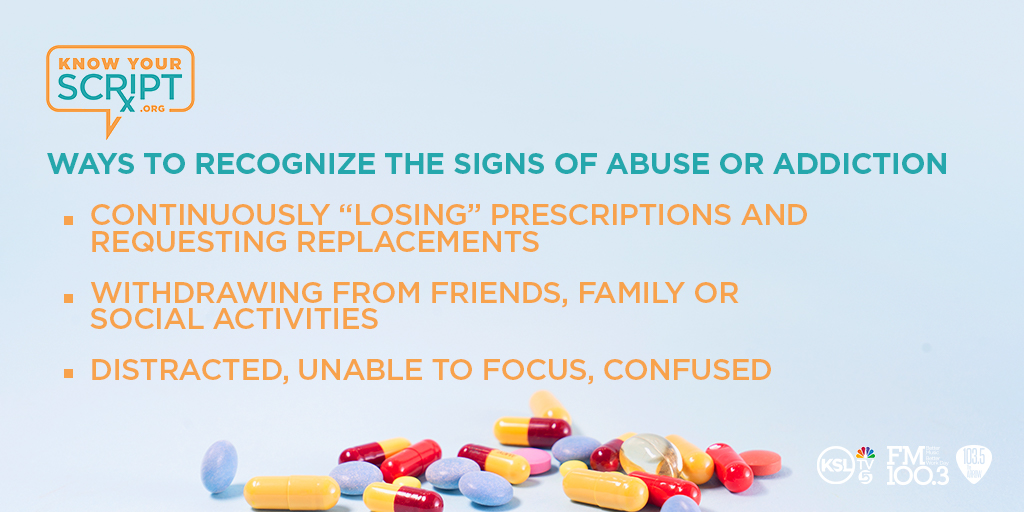 KSL5TV's tweet photo. Do you know the signs of an #addiction? Today we are working in partnership with #KnowYourScript to help you better look for the signs that something is wrong. Visit https://t.co/CKeQGCBb8I for more information. https://t.co/Lzni9yox3G