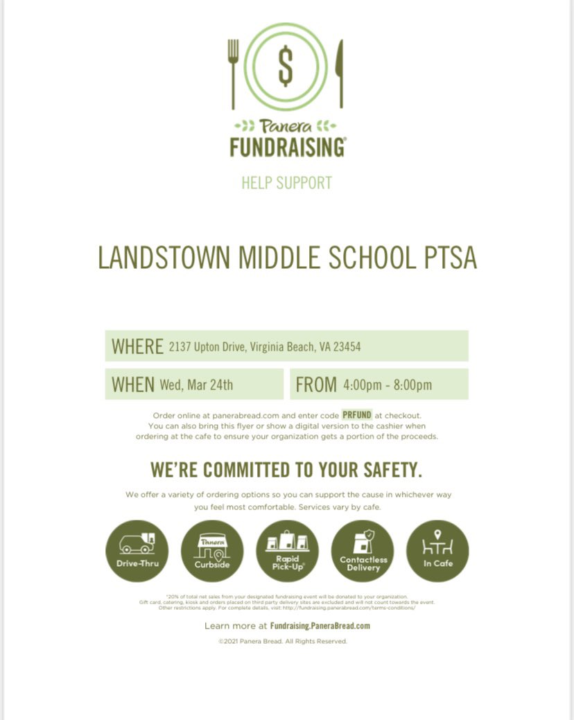 Landstownms's tweet photo. Please come out and support our PTSA tomorrow  night at Panera! The PTSA will have a fundraising event from 4PM-6PM tomorrow night. Please review the attached flyer for more details!  We appreciate all your support! #oneteamoneheartbeat! https://t.co/Q4W1z6lUM1