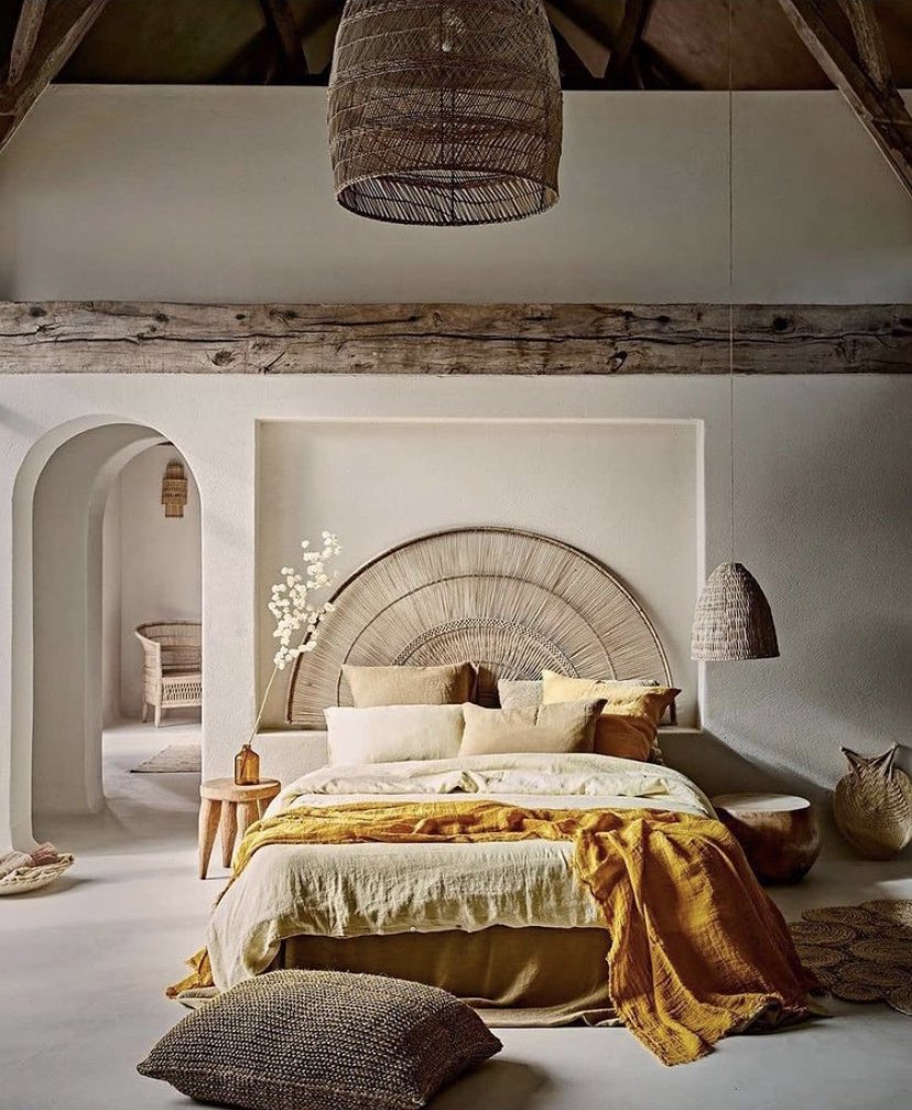 WanderlustLDN's tweet photo. Crushing on this combo of muted earth tones, natural materials and pop of mustard. Stunning ❤️ #interiordesign #colour #bedroom https://t.co/HcmoJIU4r3