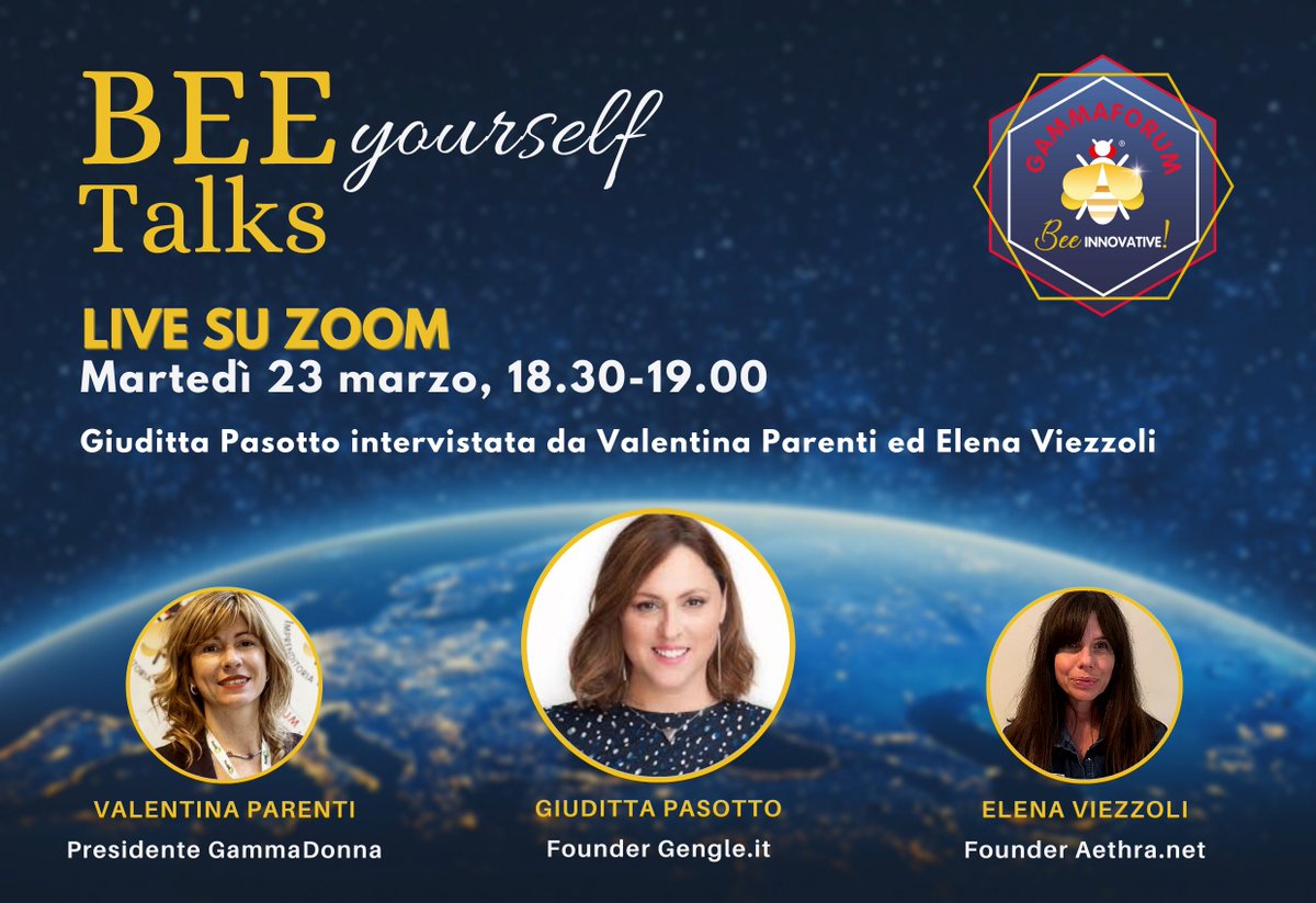 ValComm's tweet image. ✅ Ogni giorno fare qualcosa di nuovo ed entusiasmante: oggi inauguriamo un nuovo format a sostegno dell' #imprenditoriafemminile, le #BEEyourself 🐝 #Talks di @GammaDonna_.
⏰ 30' in cui scoprire i piccoli e grandi segreti che hanno fatto di un'idea... un' #impresa.