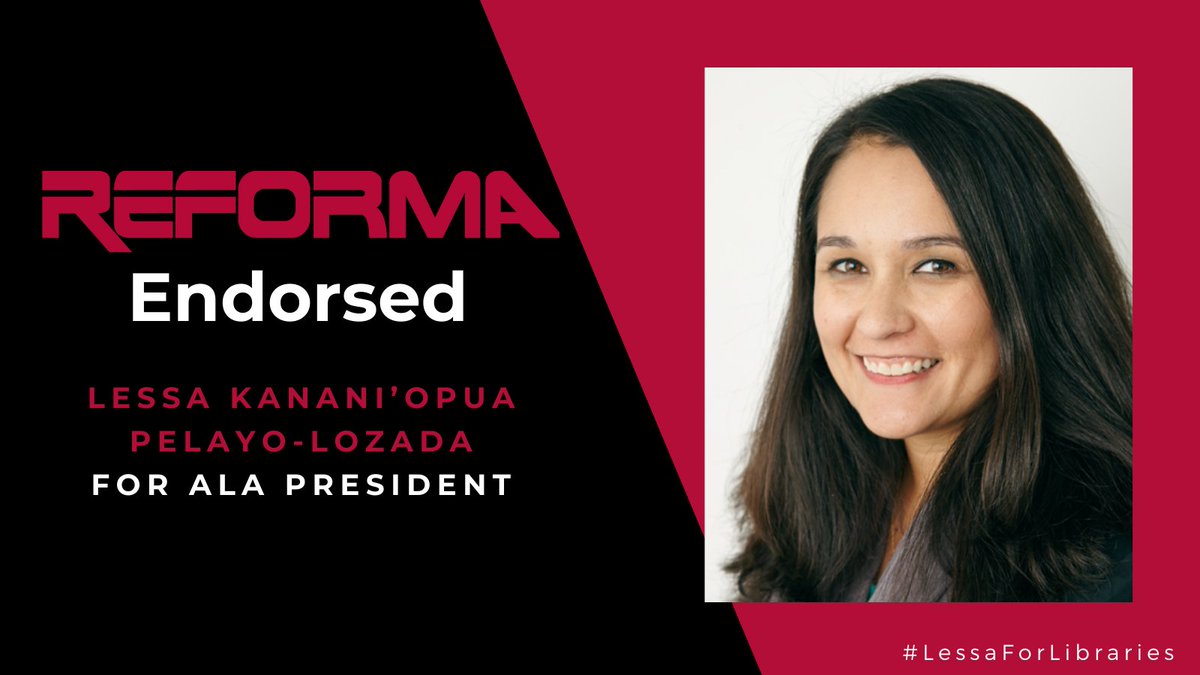 reformanational's tweet photo. Don't forget to vote #LessaForLibraries in the 2021 #ALAElection! 🎉 Visit our election guide for a list of other REFORMA members running this year: https://t.co/v7GutKnFX1 https://t.co/cWlW3R4Yp7