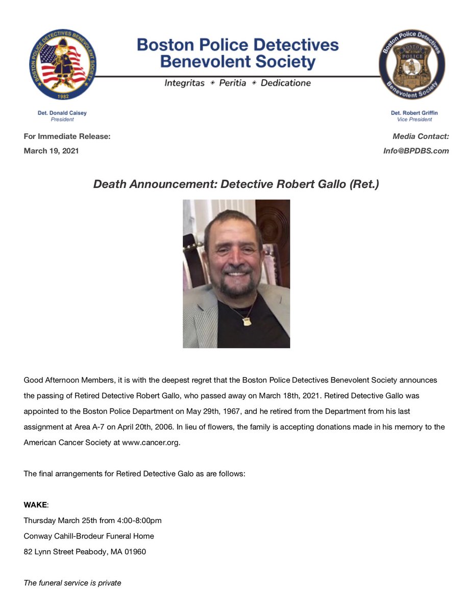 Boston Police Detectives Benevolent Society On Twitter It Is With Great Sadness That The Bpdbs Announces The Passing Of One Of Its Members Retired Detective Robert Gallo Details Can Be Found Below