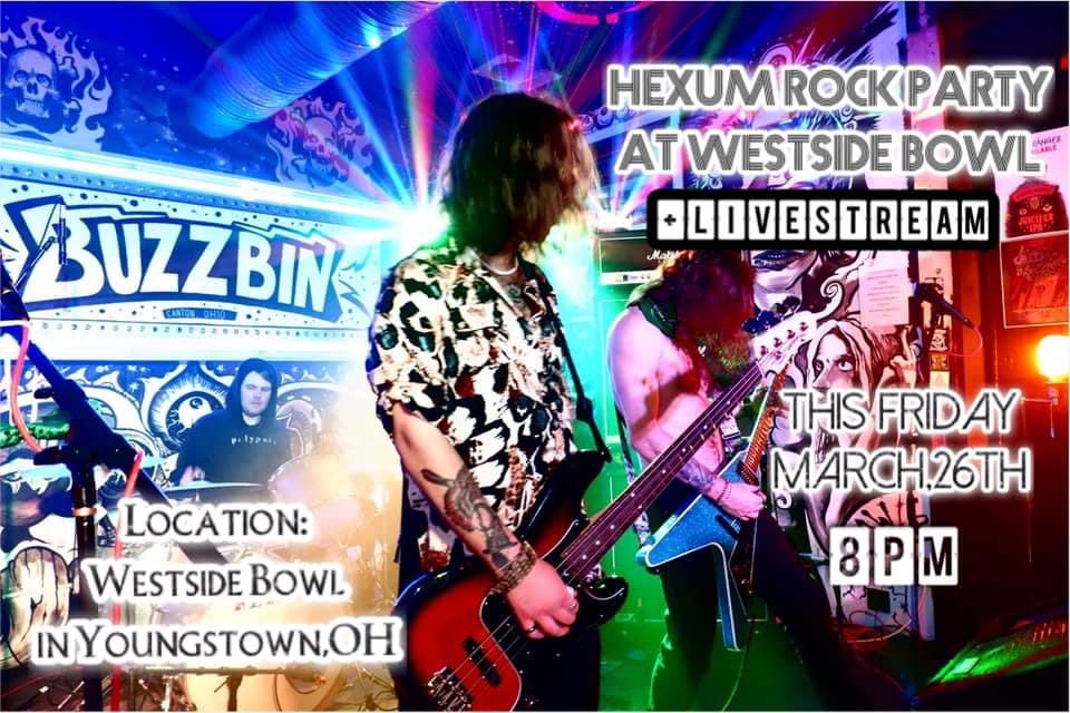 HexumBand's tweet image. Livestream/in person show/bowling/food/alcohol/mayhem - can’t miss it! #hexum #krankkrystal #dannyblizzard #jonnyskinz