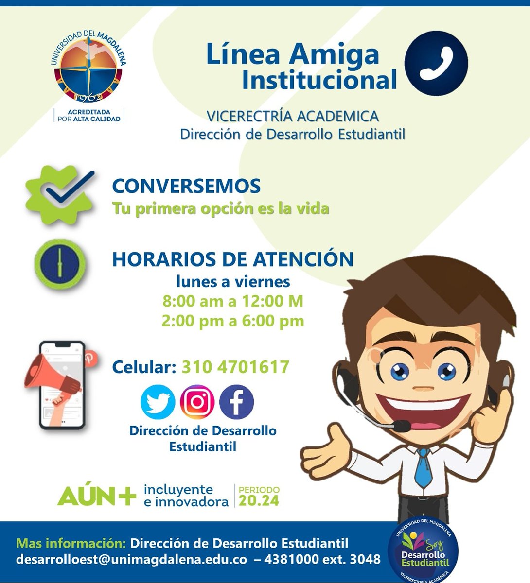 DesarrolloEstu2's tweet photo. #Atención | Somos tu Línea Amiga y podemos ayudarte.
Si estás pasando por un momento difícil o necesitas ayuda en este momento de crisis, puedes ponerte en contacto con nosotros. 
¡Nuestra primera opción es la VIDA!
Llámanos o escríbenos 3104701617
#UnimagdalenaSiembraBienestar🌱 https://t.co/FGtCZex23W