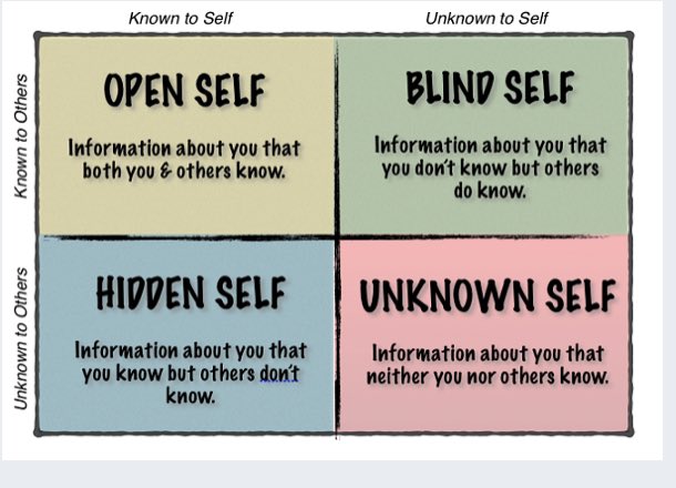 This is interesting. Johari Window. It’s interesting to look at each box and see what fits.