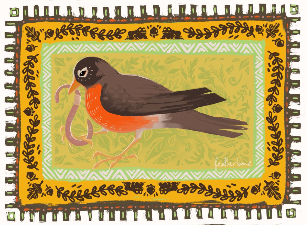 Featherboneart's tweet photo. Missed the Equinox but still wanted to draw something colorful to celebrate - it was nice out today and I saw the first few robins earlier this week. Happy spring! 

#springequinox #birds #robins #illustration #procreate #spring #pattern #bird #featherbone https://t.co/1F5F3q9Xg2