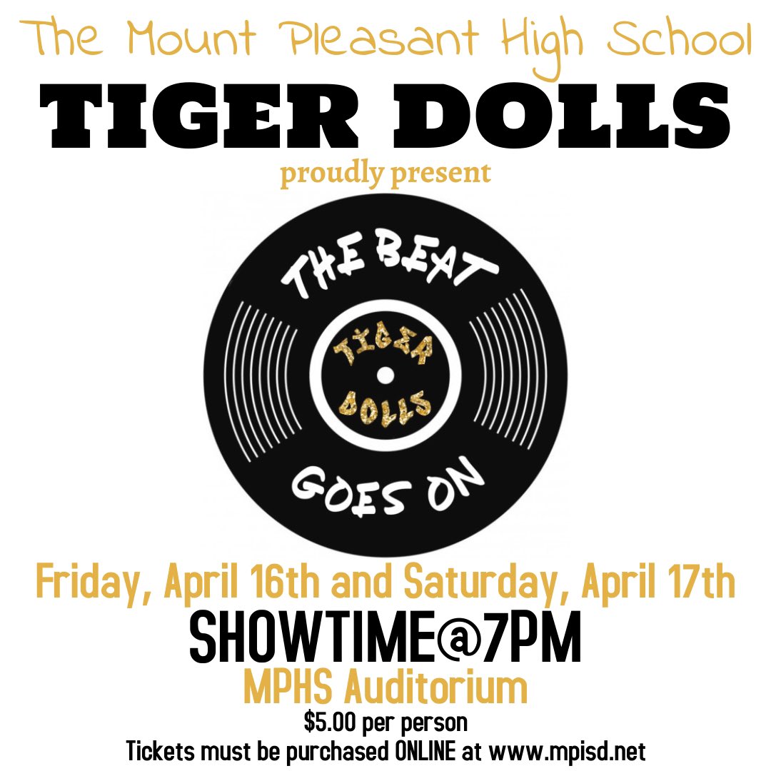 MPHSTigerDolls's tweet photo. Mark those calendars and save the date for the 2021 Tiger Doll Spring Show! Tickets will be online only this year and will go on sale soon. We hope to see you there!!! #tigerdolls #springshow2021 #thebeatgoeson 💛🖤💛 https://t.co/mNWrpOce5U