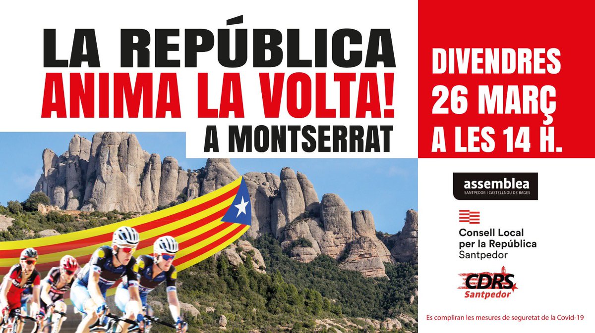 CDRSantpedor's tweet photo. Propera acció La Volta Catalunya!
📍Lloc: Montserrat
📅26 març a les 16 h.
Fem-nos visibles i mostrem la nostra reivindicació!!! #lavoltacatalunya #freedomcatalonia #independence #llibertatrepresaliatsirepresaliades 
#freepoliticalprisoners https://t.co/gipRzq1He6