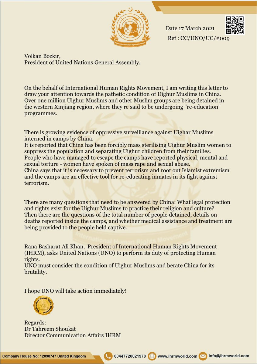 RightsNation's tweet photo. An open letter from chairman #Ihrm Rana Basharat Ali Khan to the President and Secretary-General of the United Nations and the Secretary-General of the Organization of Islamic Countries on the Uighur of Muslims #IhrmUigjur #Uighurlivesmatter #uighurmuslims #ihrmworld #ihrmLetter https://t.co/EGg0X0GXzw