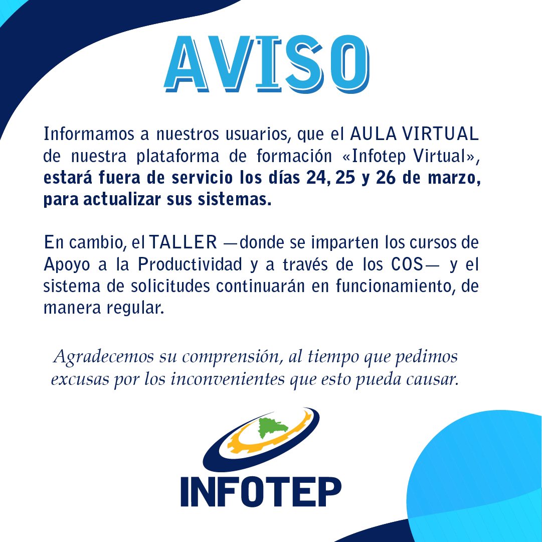 InfotepRD's tweet photo. 🔔 AVISO

#InfotepVirtual https://t.co/84OwE5x80q
