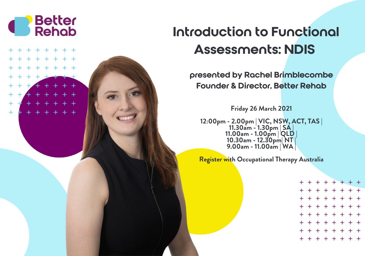 BetterRehab1's tweet image. 📣Registrations are closing tomorrow! Don't miss this @otaust webinar presented by our Director, Rachel Brimblecombe, on functional assessments. More details here: bit.ly/3s8HBmp #BetterRehab #NDIS #functionalcapacity #functionalassessment #occupationaltherapy #webinar