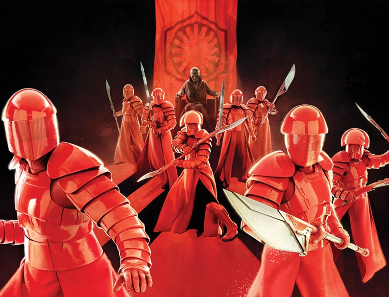 We see now the Praetorian Guards, Snoke's faceless and faithful final line of defense.These eight anonymous warriors are highly-trained in martial arts and wield dangerous specialized weapons.They are, by the way, "presumably human."