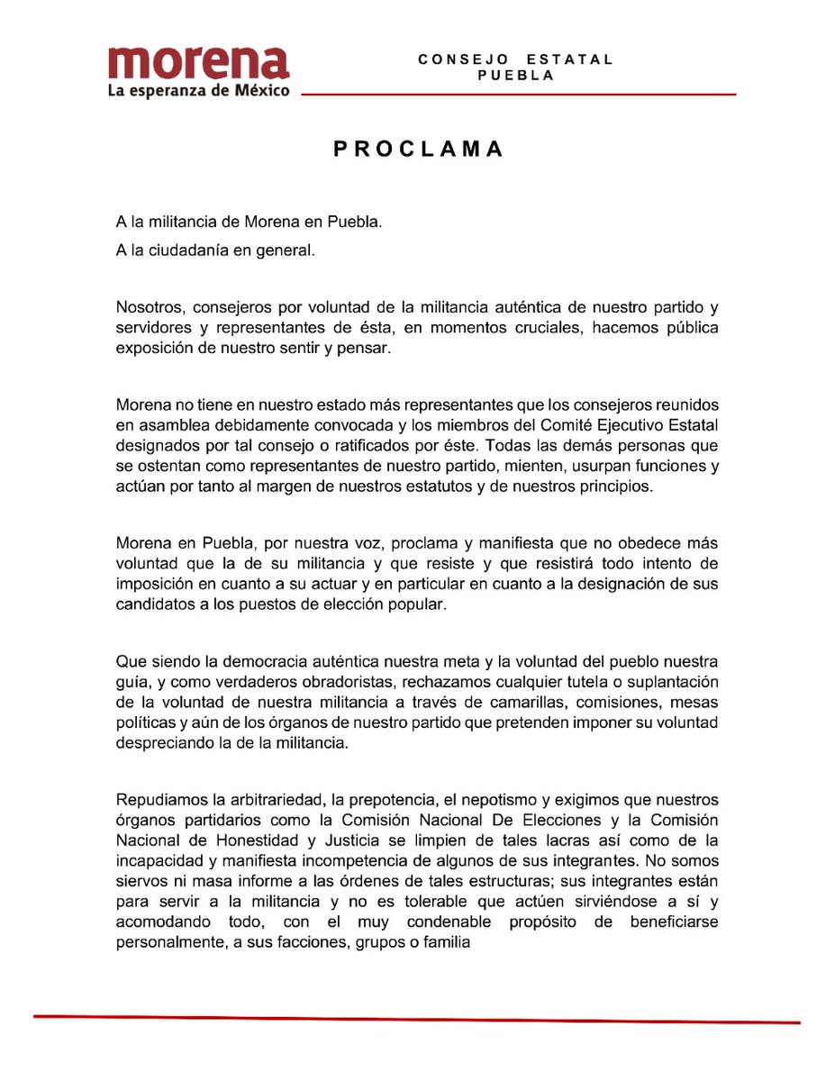 CEEMorenaPuebla's tweet photo. PROCLAMA del Consejo Estatal de Morena en Puebla dirigido a toda la militancia del estado y al público en general.
"Con el pueblo todo, sin el pueblo nada" https://t.co/daifVdiOHj