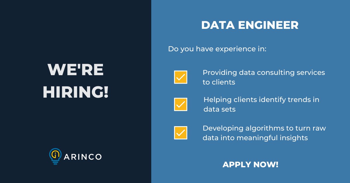 arincoau's tweet photo. We have an incredible opportunity for an experienced Data Engineer to join our team of specialised consultants to provide data consulting services to our clients. For further information, visit: https://t.co/SQdQ6cdAN1
#arinco #arincocrew #joinus #hiring #techjobs #VIC #NSW #AI https://t.co/kbZF6dVwUG