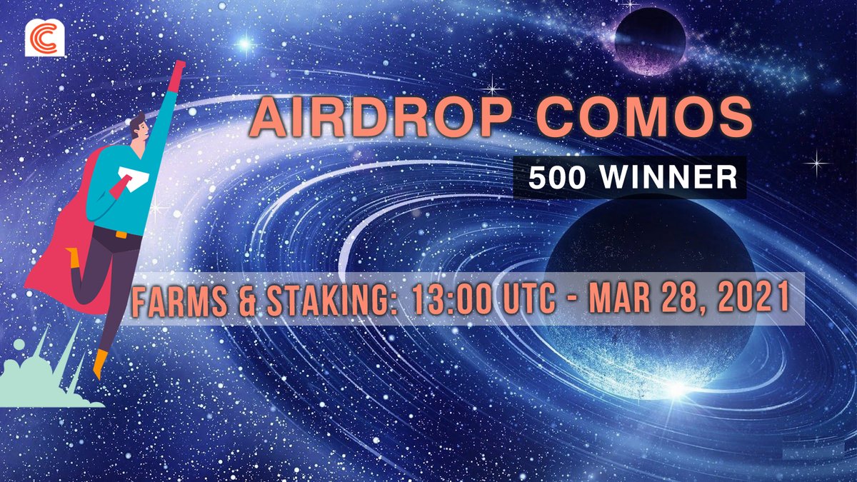 Airdrop COMOS: 500 Winner
Rules:
* Joint Telegram: t.me/comosfinance
* Follow, like &amp; RT this tweet with: "I want to participate in Comos Airdrop", with your BSC address &amp; tag @comosf #YieldFarming #BinanceSmartChain #BSC #BNB #DeFi #Airdrop