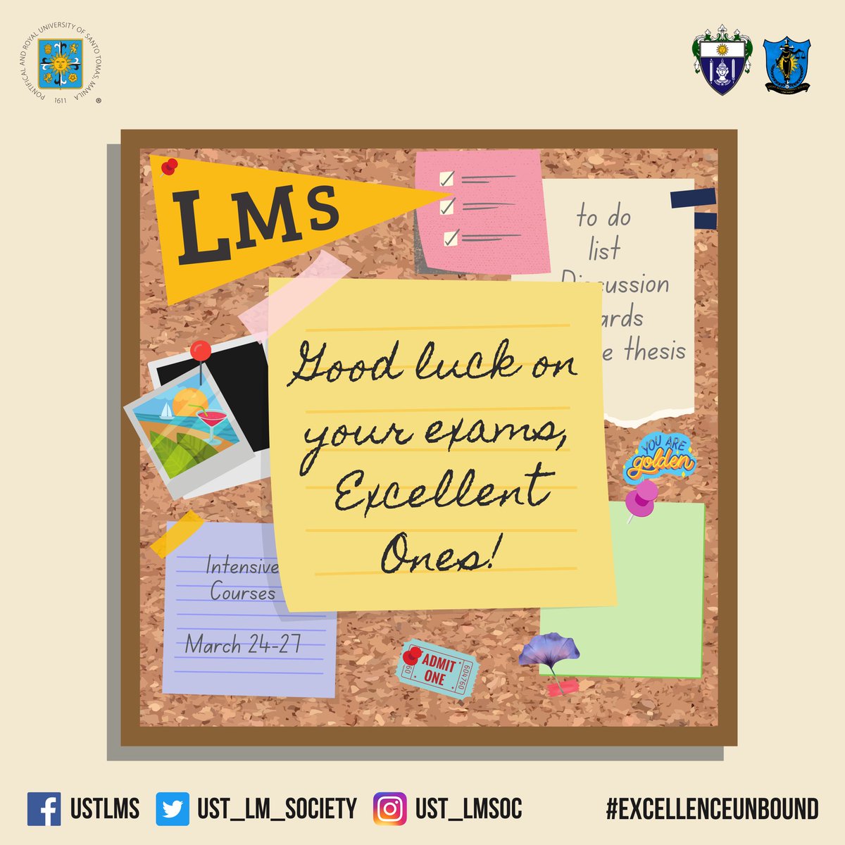 UST_LMSOC's tweet photo. It’s exam time once again, Excellent Ones!

Wishing you all the best and luck on your Final Examinations for Intensive Courses! We understand that exams bring a bit of stress and fear so remember, a calm and focused mind would do you wonders.

(1/2) https://t.co/PCpxPhCGAx