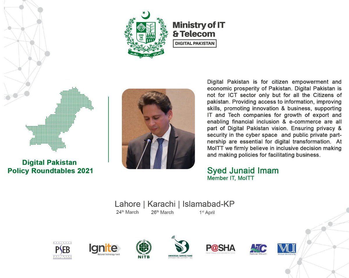 MoitOfficial's tweet photo. Digital Pakistan Policy Roundtables 2021- #MOITT 

"...At MOITT we firmly believe in Inclusive decision making and making policies for facilitating businesses..." (Syed Junaid Imam, Member-IT, MOITT)

#DigitalPakistan #DigitalPakistanPolicy2021 #ICT https://t.co/MIO7iNx5S7