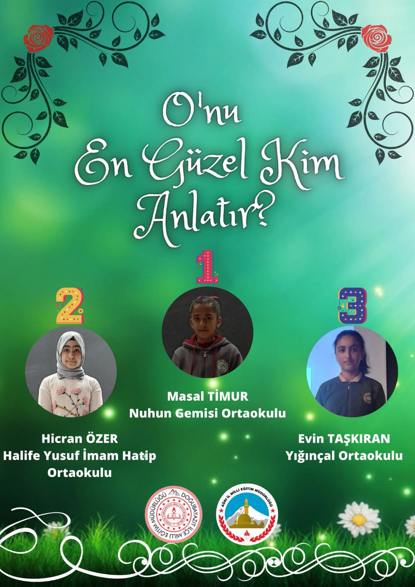 O'nu (Efendimizi)En güzel kim anlatır yarışmasında okulumuz ilçe 2.olmuştur. Emeği geçen idarecilerimizi, öğretmenimizi ve öğrencimiz Hicran ÖZER'İ tebrik ederiz.<a href="/mfaruktekinn/">Mehmet Faruk Tekin</a> <a href="/ihsankosen/">ihsankosen</a> <a href="/BrgUgur/">Uğur Brg</a> <a href="/veysel052/">veysel gümüş</a> <a href="/mutluysmn/">Yasemin Mutlu</a> <a href="/dogubayazitmem/">Doğubayazıt İlçe Milli Eğitim Müdürlüğü</a> <a href="/DBKaymakamligi/">Doğubayazıt Kaymakamlığı</a> <a href="/yilmaznazif/">Nazif Yılmaz</a>