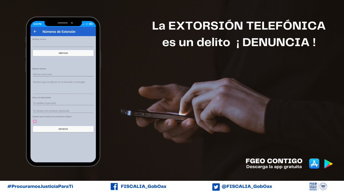 csiefgeo's tweet photo. Si recibes una llamada de un número que no conoces, ¡CUIDADO! Podrías ser víctima de extorsión. 
Descarga la aplicación FGEO Contigo y revisa si está registrado en nuestra base de datos.
#CSIE
@GobOax 
@GobiernoMX 
@alejandromurat 
@PeimbertArturo 
@FISCALIA_GobOax 
@SSP_GobOax https://t.co/vcUxB7JyWd