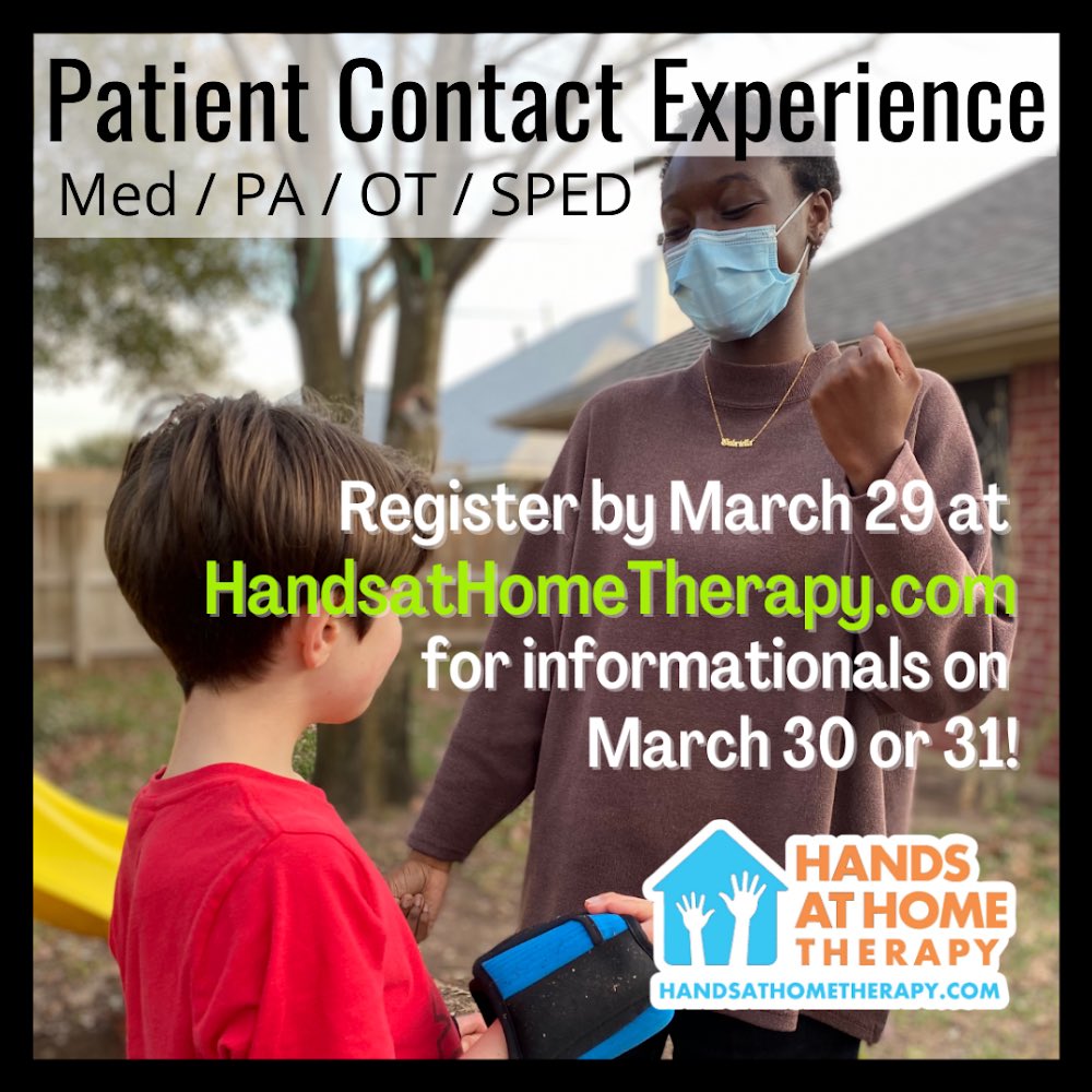 reaganrolston's tweet photo. Howdy! Are you a Pre- Med/ PA/ SPED/ PT/OT student looking for hands on patient care experience?? Hands At Home Therapy is a great opportunity to do just that! This program allows students to gain patient care experience and work with a patient before starting professional school https://t.co/pnUasEs6WW