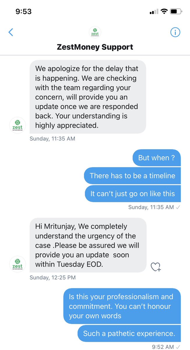 SharmaMritunjay's tweet photo. @ZestMoneyCares @ZestMoney  @rush2yyz  ma’am this is how your team cares for your customer. Deeply disappointed and would never use zestmoney again https://t.co/sRZ9ZQ7KpC