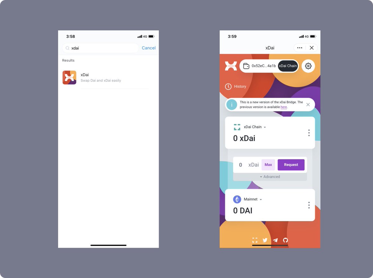 imTokenOfficial's tweet image. Thanks to the new custom networks feature, imToken now supports @xdaichain !😎

Simply add xDAI to your networks (via 1 click in the Chainlist DApp) to send tokens &amp;amp; use DApps:

@DeusDao @honeyswap @perpprotocol @componentx @Omen_eth @SwaprEth + more

Welcome to imToken! 🙏