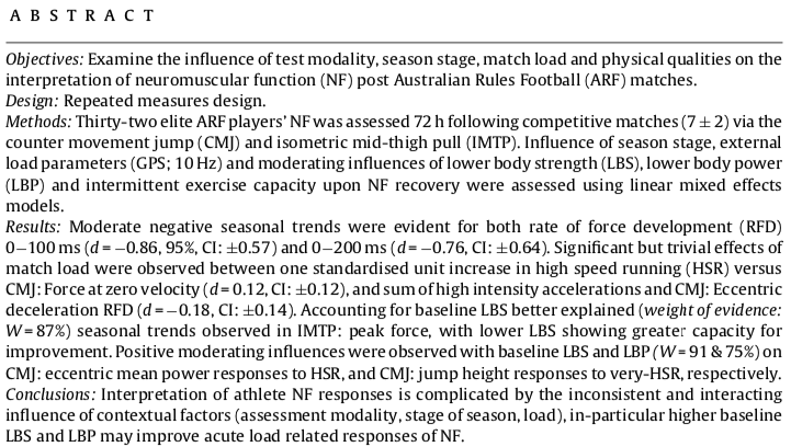 ric_lovell's tweet photo. 🚨Latest paper from @DNorrisSC on considerations for interpreting post-match neuromuscular state:

💪Influence of physical qualities
⚖️Isometric (IMTP) vs. dynamic (CMJ) measures
📉Seasonal trends
🏃Effect of match load
 
https://t.co/je1raAXKZB https://t.co/fYuL77KBAO