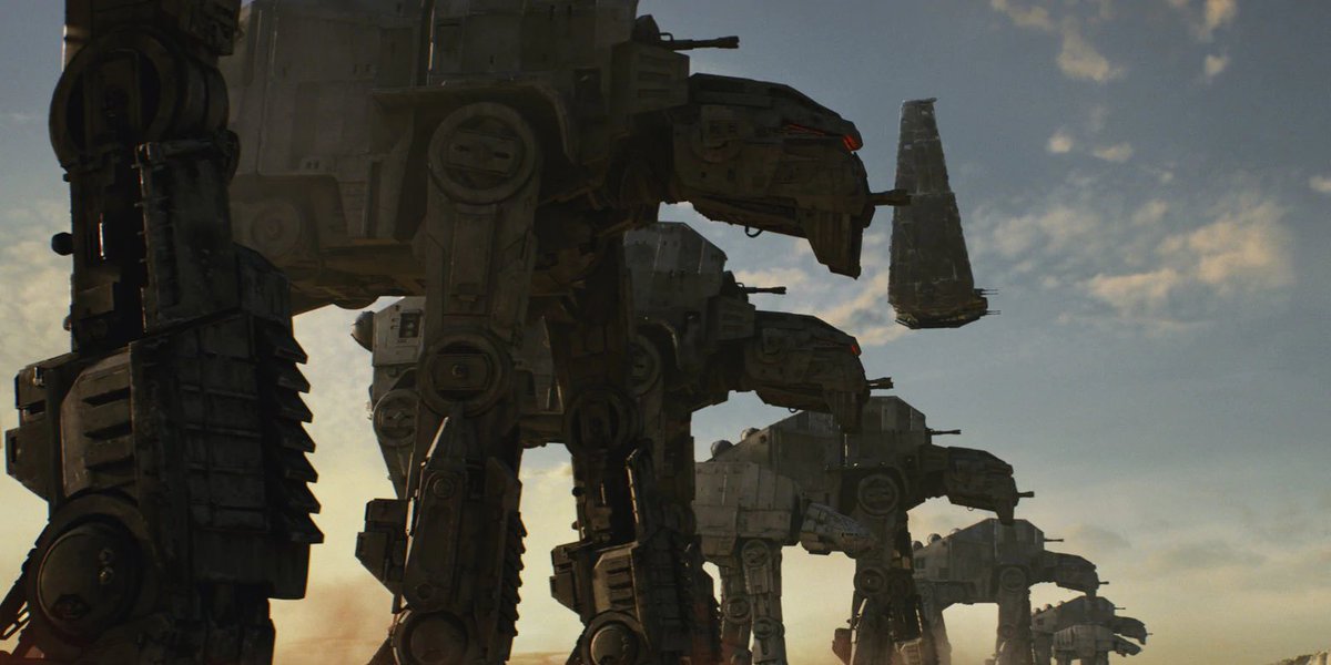 Escorting this cannon, new and upgraded AT-ATs and the new and massive AT-M6 walkers.Yes, camels and gorillas.The line also counts with the support of TIE Fighters, until Rey and Chewie triumphantly swoop in and lure them away.