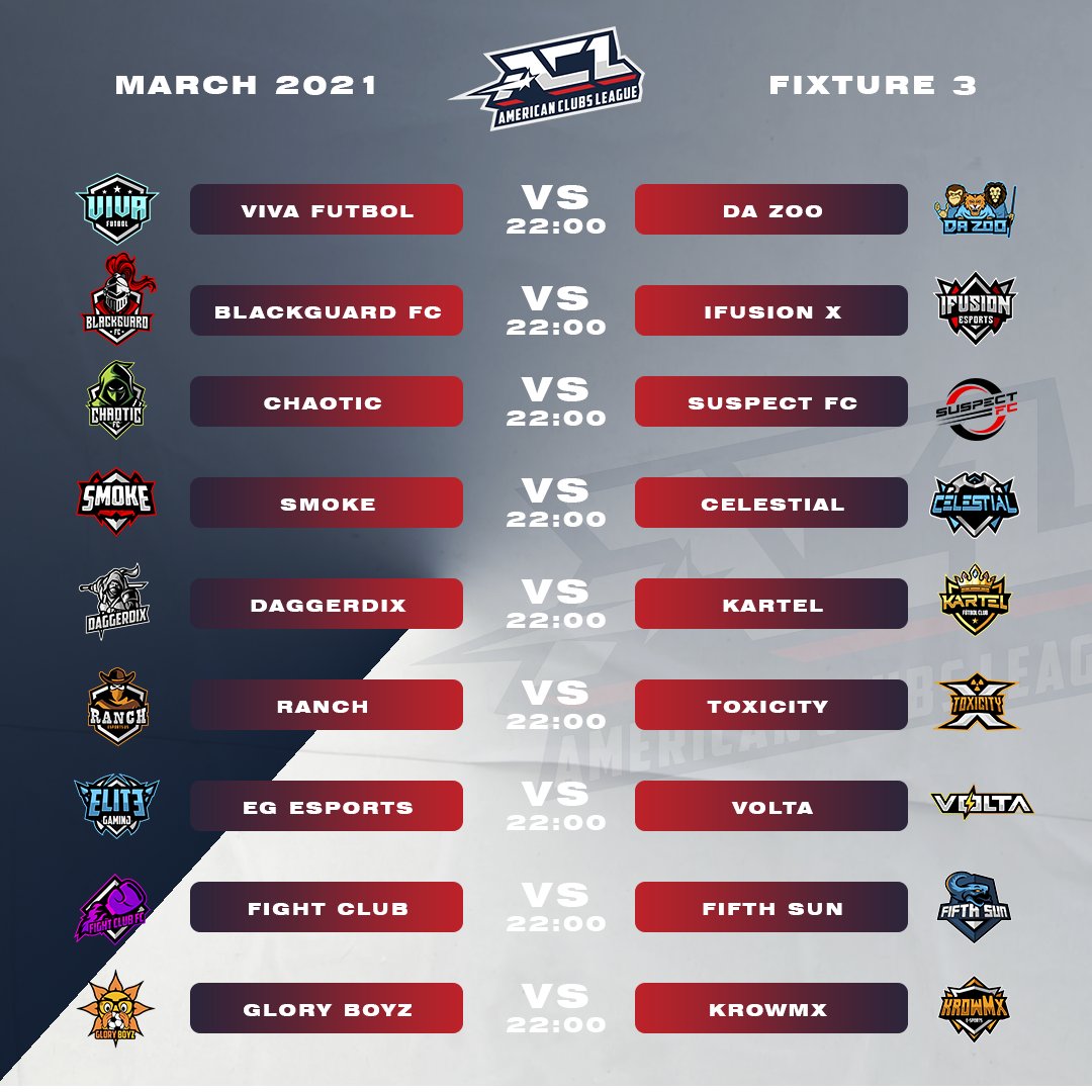 aclchampionship's tweet photo. ACL is back!! Fixtures 3 and 4.
Good luck everyone!

#VirtualProNetwork | #VPN | #ACL | #ProClubs | #eSports | #gaming | #Xbox | #Fifa21 | #FIFA21XboxOne | #FUT | #ACLXBOX https://t.co/U4oChaD8Hh