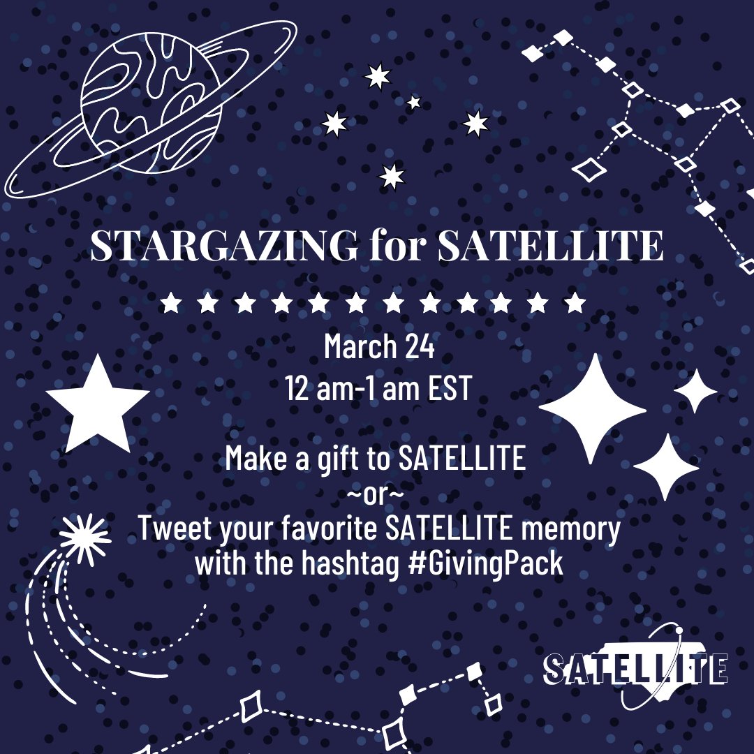 ncsusatellite's tweet photo. Tomorrow we will have the chance to win up to $7,500 in extra funds for SATELLITE! Make a gift to SATELLITE and tweet your favorite camp memory with the hashtag #GivingPack between 12am-1am EST on March 24. Every tweet, up to 5 tweets per account, wins SATELLITE $10. Link in bio! https://t.co/6G6rx5WFeZ