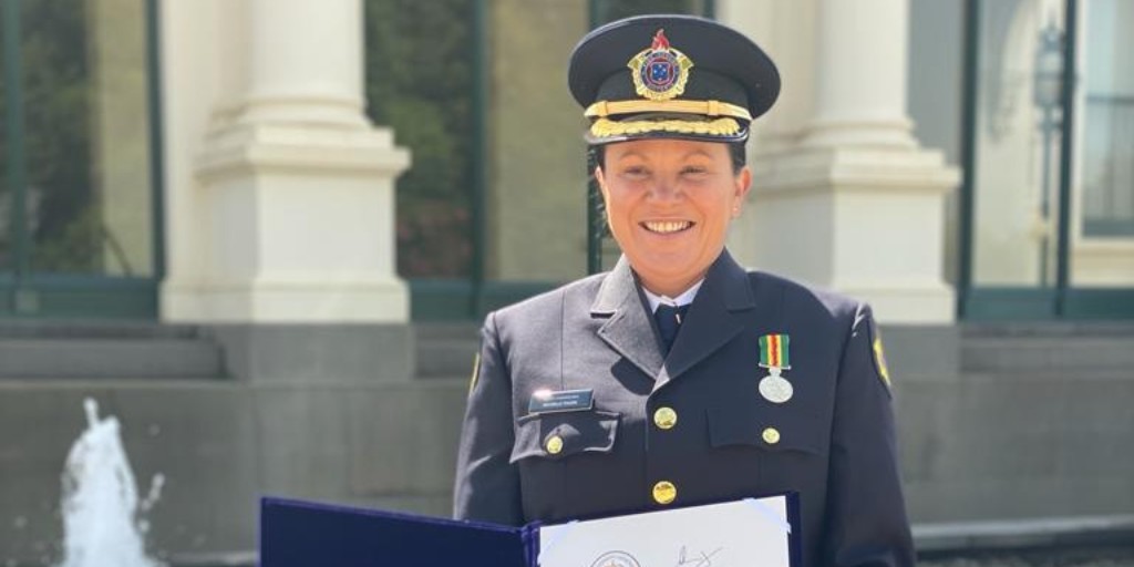 FireRescueVic's tweet photo. Congratulations to FRV Deputy Commissioner Michelle Young who was awarded the Australian Fire Service Medal (AFSM) at Government House earlier this month. 👏
 
Michelle was recognised for an outstanding 25 years of service to the community and the fire and rescue sector. https://t.co/MxOu7tri4s