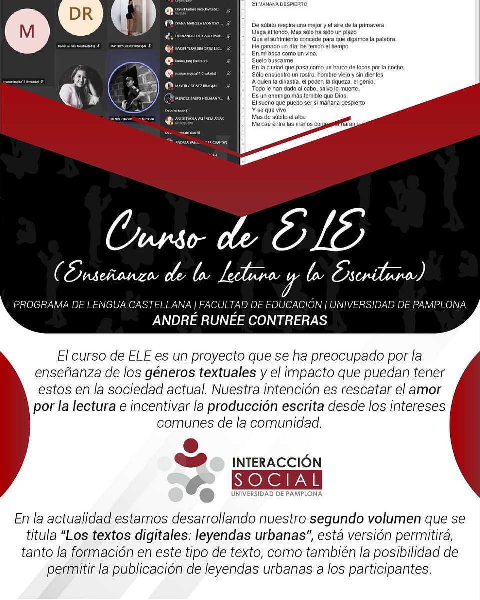interaccionUP's tweet image. ¡Proyecto destacado! ⭐️

Con el fin de promover la lectura y escritura, nace el Curso de ELE, liderado por el docente André RuNée Contreras, el cual, en medio de la pandemia del Covid - 19 ha desarrollado los encuentros virtualmente📚📖
#proyectosdeextensión #interacciónsocialup
