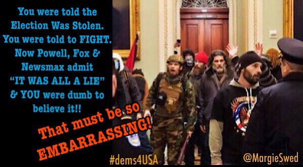 MSwed68's tweet photo. Fox News aired a video in Dec the BIG election-fraud LIE during Lou Dobbs, Jeanine Pirro &amp; Maria Bartiromo’s shows. The right-wing outlet Newsmax also backed off on promoting the LIE.
Trump’s lawyer, Powell, says reasonable people should have known that IT WAS A LIE!
#dems4USA https://t.co/SCxvoFCso3