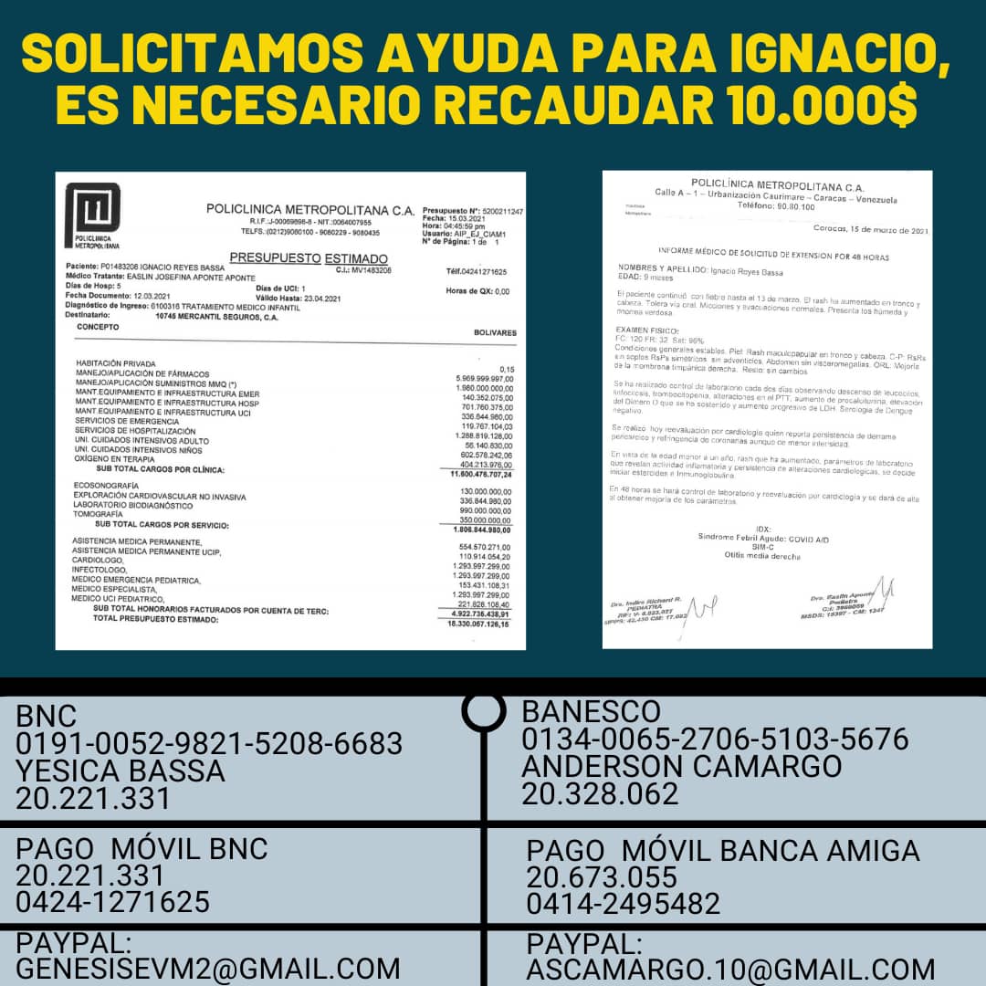 #ServicioPúblico Bebé de 9 meses requiere con carácter de urgencia ayuda económica para costear gastos de hospitalización y tratamiento médico por haberse contagiado del virus del coronavirus. Quien pueda colaborar, favor hacerlo en los datos bancarios de la imagen. Un abrazo.