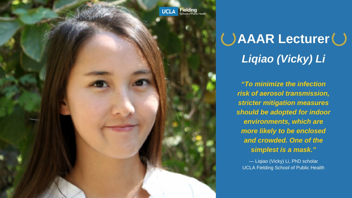 Congratulations to Liqiao (Vicky) Li (<a href="/liqiao_li/">Vicky L</a>) for being selected as an <a href="/AmericanAerosol/">American Association for Aerosol Research</a> lecturer for her work on simple cloth masks as protection against #COVID19. 

Learn more: bit.ly/3sh6UD3 

#uclafsph #publichealth