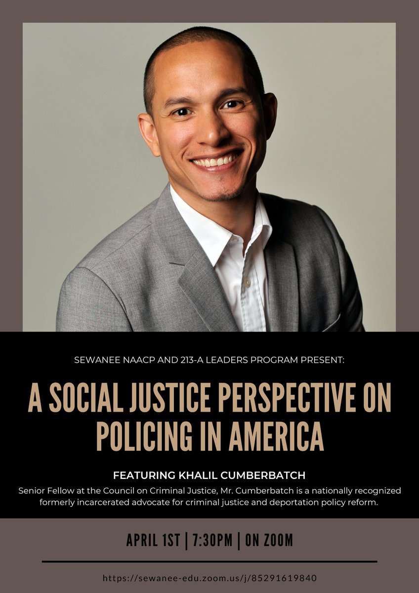 Please join us for A Social Justice Perspective on Policing in America featuring Khalil Cumberbatch, a Senior Fellow at the Council on Criminal Justice, next Wednesday, April 1, at 7:30 pm. 

<a href="/KhaCumberbatch/">Khalil A. Cumberbatch</a>