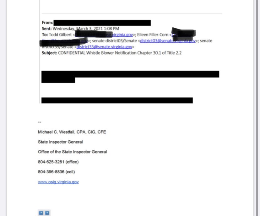 Jaaavis's tweet photo. I’ve acquired emails between State IG Michael Westfall and Democratic leadership in the General Assembly. These show that party leaders in the general assembly were notified of a whistleblower on March 3. Filler-Corn and Saslaw then asked the OSIG to look into it the next day. https://t.co/UlnJaKwyYN