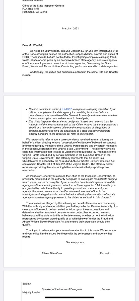 Jaaavis's tweet photo. I’ve acquired emails between State IG Michael Westfall and Democratic leadership in the General Assembly. These show that party leaders in the general assembly were notified of a whistleblower on March 3. Filler-Corn and Saslaw then asked the OSIG to look into it the next day. https://t.co/UlnJaKwyYN