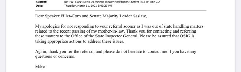 Jaaavis's tweet photo. I’ve acquired emails between State IG Michael Westfall and Democratic leadership in the General Assembly. These show that party leaders in the general assembly were notified of a whistleblower on March 3. Filler-Corn and Saslaw then asked the OSIG to look into it the next day. https://t.co/UlnJaKwyYN