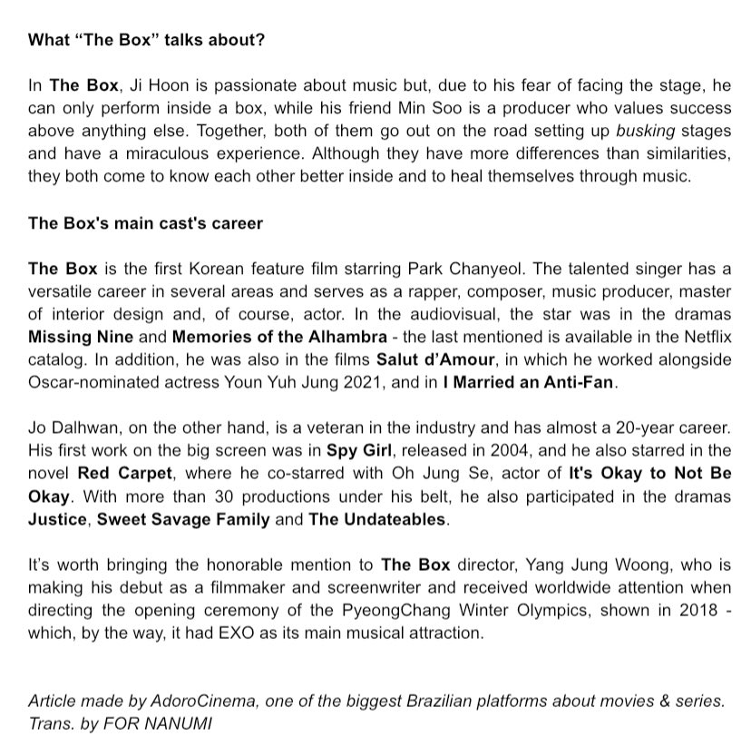 fornanumi's tweet photo. “The Box: Meet the Korean film starring Park Chanyeol, from EXO” 

Check out the translation to English made by our team down below 🥰👇🏻

#찬열 #CHANYEOL #엑소찬열 #엑소 #EXO @weareoneEXO https://t.co/4HKQ22ZnIY