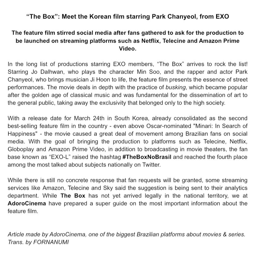 fornanumi's tweet photo. “The Box: Meet the Korean film starring Park Chanyeol, from EXO” 

Check out the translation to English made by our team down below 🥰👇🏻

#찬열 #CHANYEOL #엑소찬열 #엑소 #EXO @weareoneEXO https://t.co/4HKQ22ZnIY