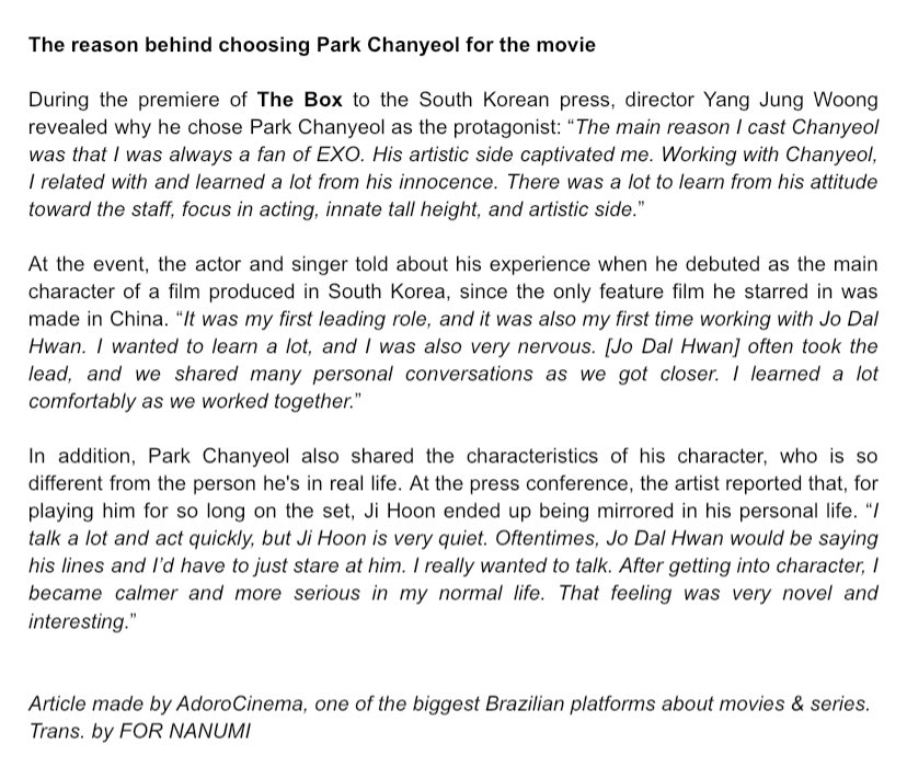 fornanumi's tweet photo. “The Box: Meet the Korean film starring Park Chanyeol, from EXO” 

Check out the translation to English made by our team down below 🥰👇🏻

#찬열 #CHANYEOL #엑소찬열 #엑소 #EXO @weareoneEXO https://t.co/4HKQ22ZnIY