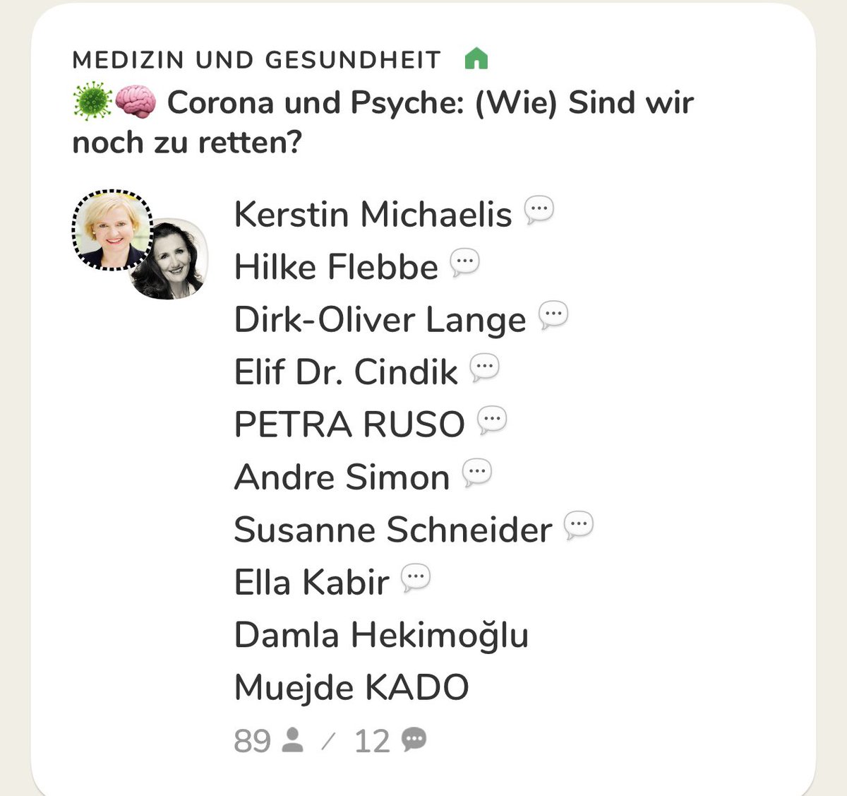 “🦠🧠 Corona und Psyche: (Wie) Sind wir noch zu retten?” Spannender Talk mit <a href="/michaelismedia/">Kerstin Michaelis</a> @DirkOliverLange, <a href="/Felizitasflora/">Hilke Flebbe</a>, <a href="/_DamlaHekimoglu/">Damla Hekimoğlu</a> <a href="/MuejdeKaraca/">Müjde KaTo</a> <a href="/Coronapsych/">Corona Psychiatry</a> @TaskforceCorona <a href="/Dt_Aerzteblatt/">Deutsches Ärzteblatt</a> <a href="/aerztezeitung/">Ärzte Zeitung</a>