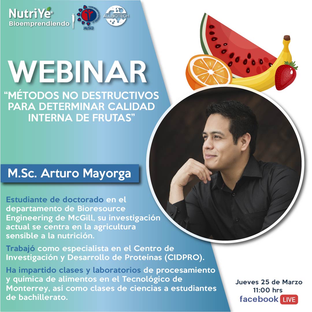 Nutriye's tweet photo. Arturo Mayorga nos enseñará los métodos no destructivos para determinar la calidad interna de las frutas 🍓

💻Transmisión por facebook live
🕑 25 de Marzo, 11:00am
Con colaboración de Allbiotech Bioemprendiendo 
#frutas #alimentos  #mexico #nutriyé #calidad #AprendeEnCasa https://t.co/Id4yhNOOFW
