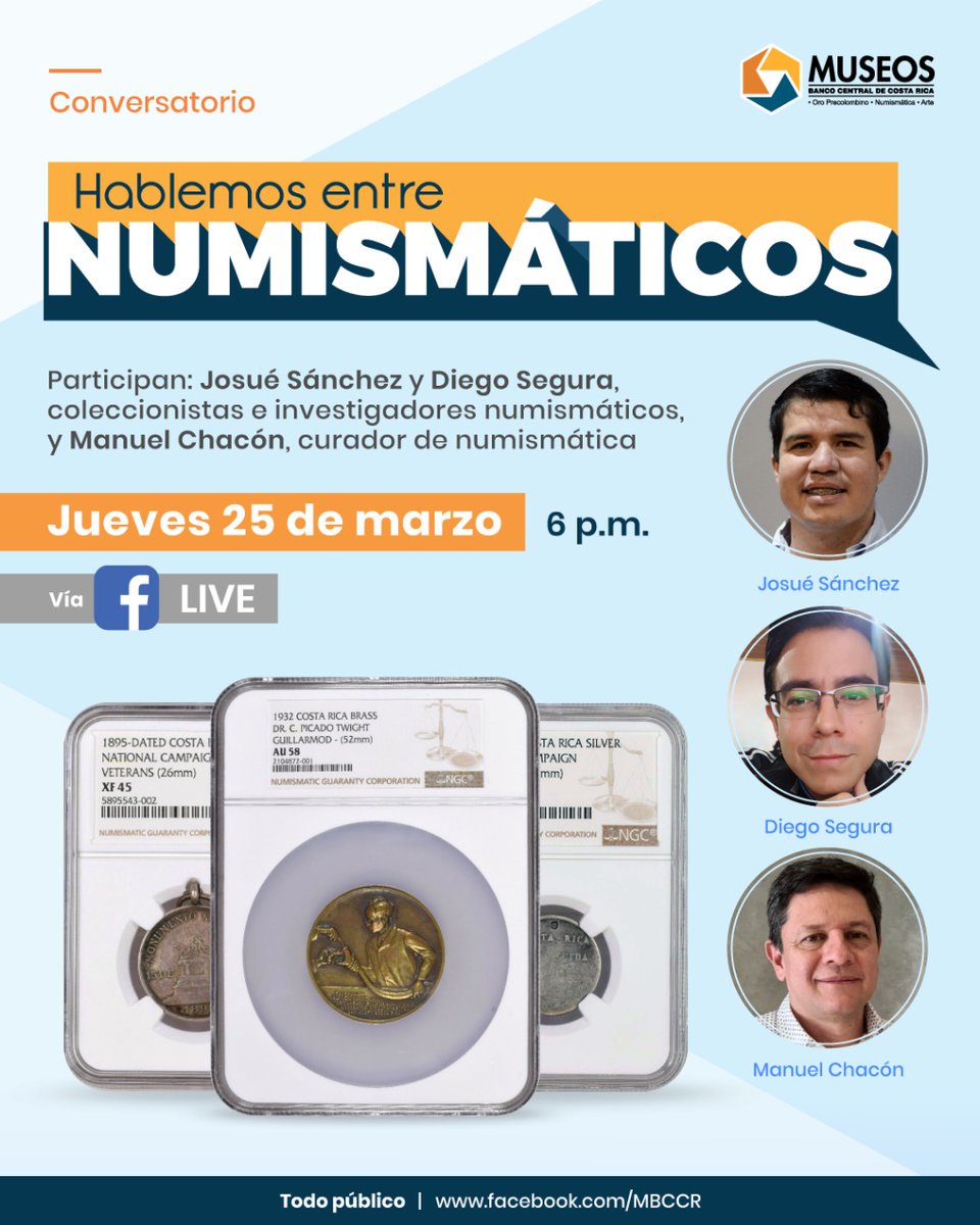 MuseosBCCR's tweet photo. #Hablemosentrenumismáticos. Dando voz a los coleccionistas de numismática en un espacio de entrevistas en vivo desde nuestro canal de Facebook en compañía de nuestro curador de numismática https://t.co/sy6wwTNnb2 https://t.co/Ko53hwYVLs