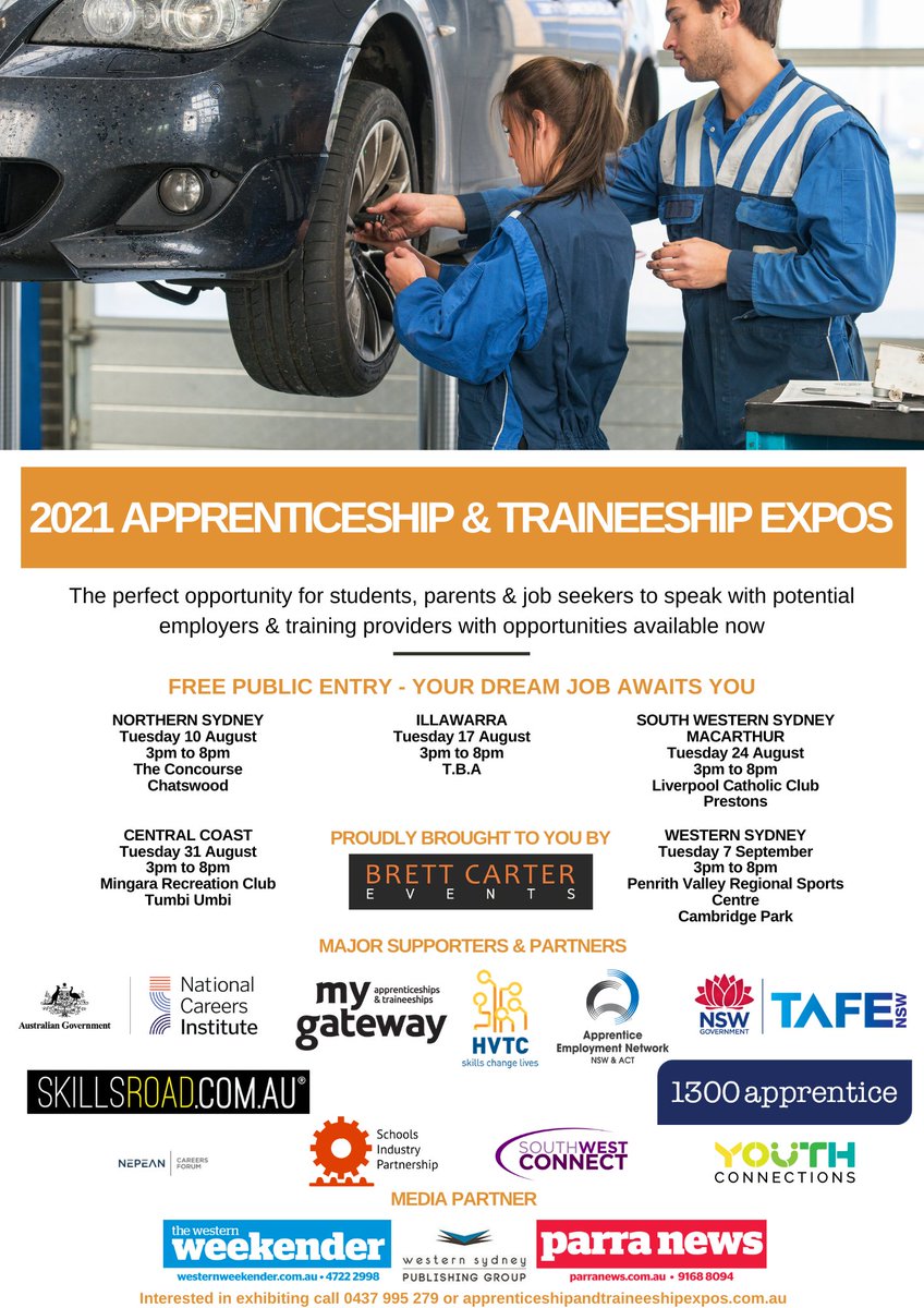 brettmcarter's tweet photo. Brett Carter Events is delighted to welcome https://t.co/n11z6DAGRE @wwpenrith &amp; @theparranews as our Media Partner for the 2021 Apprenticeship &amp; Traineeship Expos &amp; 2021 Greater Western Sydney Careers Market. Like to be involved? Register today https://t.co/xCtatXwmSs https://t.co/6Q33CMCvyU