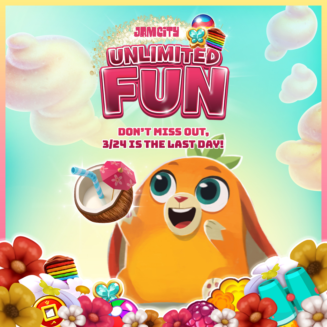 juicejamgame's tweet photo. Time flies when you’re having fun
Don’t let this chance pass you by
Play now and enjoy Unlimited Lives before it’s gone.
Hurry! It ends tomorrow.
#JamCityUnlimited https://t.co/ZzK6ERJp8k