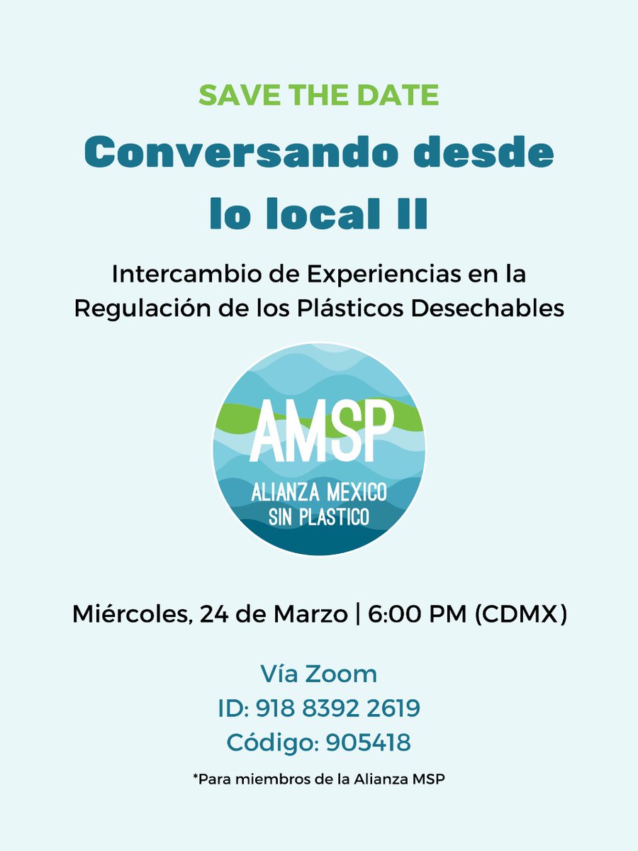 No te pierdas el día de mañana los resultados y avances en BCS en los temas de Regulación de Plásticos Desechables que Mayra Gutiérrez va a compartirnos a través de este Conversatorio con la Alianza México SIN plástico  

📅24 de marzo a las 6:00pm (CDMX)

#Desplastificate