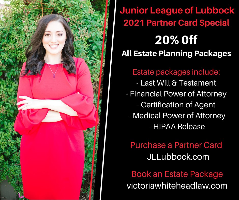victoriarosetx's tweet photo. I am proud to partner with the @JLLubbock for the 2021 Partner Card Fundraiser! Purchasing a $20 card gets you access to fabulous deals with many local #LBK businesses. Check off estate planning, save $$$, & support the Lubbock community. Purchase a card today! #JLLubbock https://t.co/V63AV82V3p